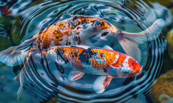 Close-up of a pair of koi fish swimming in a pond AI generated