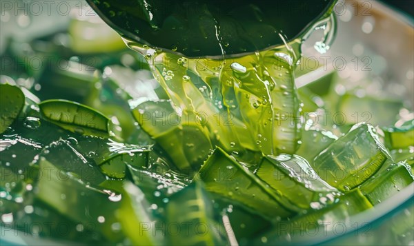 Close-up of aloe vera gel being extracted and blended with botanical oils and essences AI generated