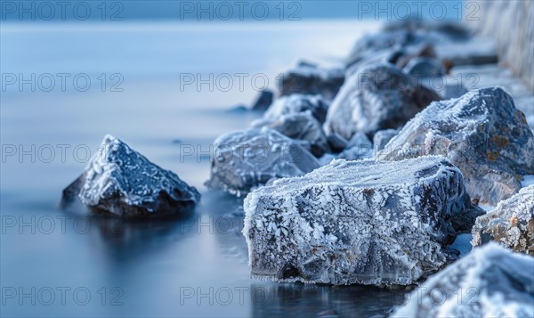 Close-up of frost-covered rocks along the edge of a frozen lake AI generated