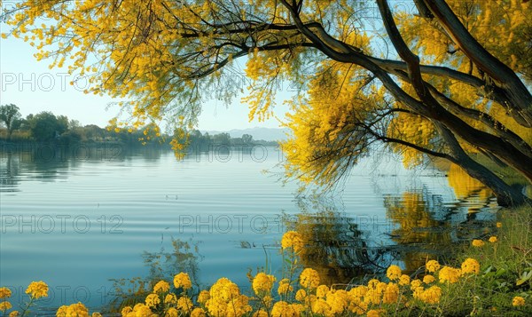 A serene lakeside landscape with trees lining the shore AI generated