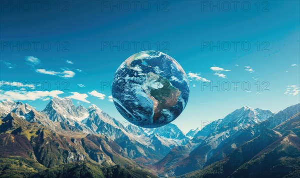 An Earth globe set against a mountain backdrop with a clear blue sky AI generated