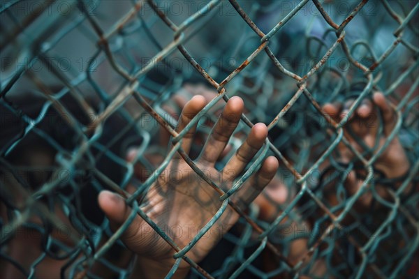 Hand of desperate immigrant on chain link fence. KI generiert, generiert, AI generated