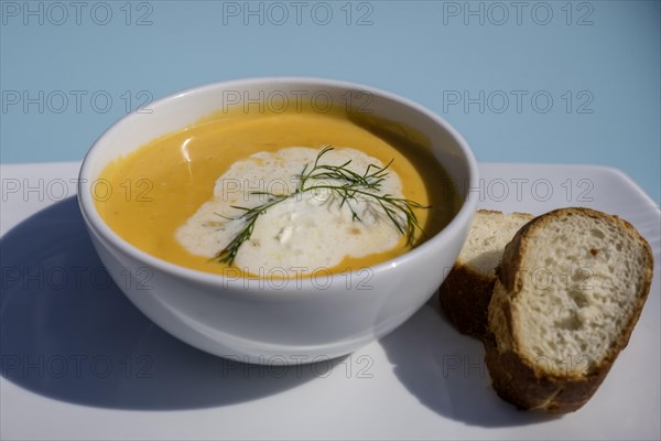 Bowl of crab soup and baguette, Lower Saxony, Germany, Europe