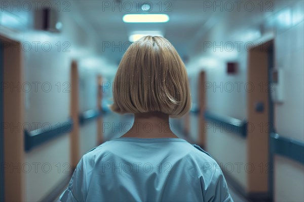 Back view of nurse walking through hospital corridor. KI generiert, generiert, AI generated