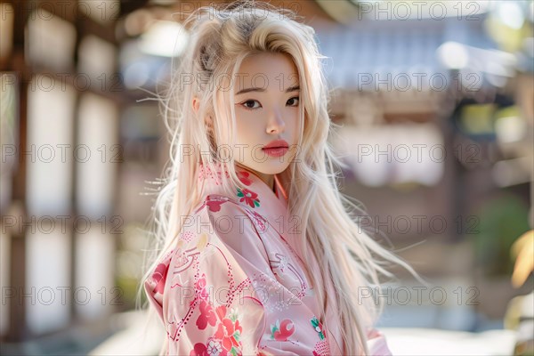 Beautiful young woman with pink kimono. KI generiert, generiert, AI generated