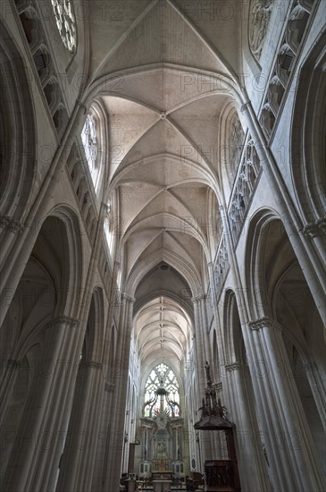 13th century nave with view of the late 18th century high altar, Notre Dame de l'Assomption Cathedral, Lucon, Vendee, France, Europe