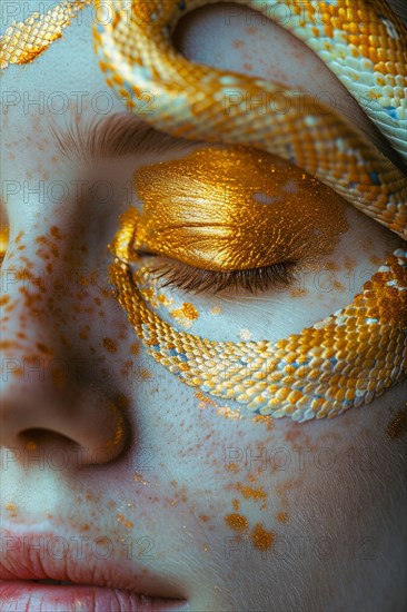 A woman's face with a gold-textured snake covering one eye, blurry teal turquoise solid background, beauty studio lighs, fashion artsy make up, high concept potraiture, AI generated