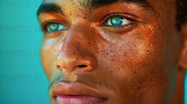 Man with golden freckles and piercing eyes, with snake scale texture on skin, blurry teal turquoise solid background, beauty studio lighs, fashion artsy make up, high concept potraiture, AI generated