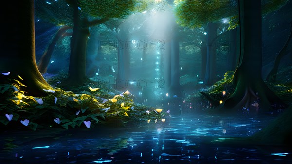 AI generated ethereal mystical forest scene with digital glow effects