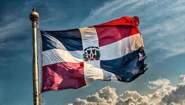 The flag of the Dominican Republic flutters in the wind, isolated against a blue sky