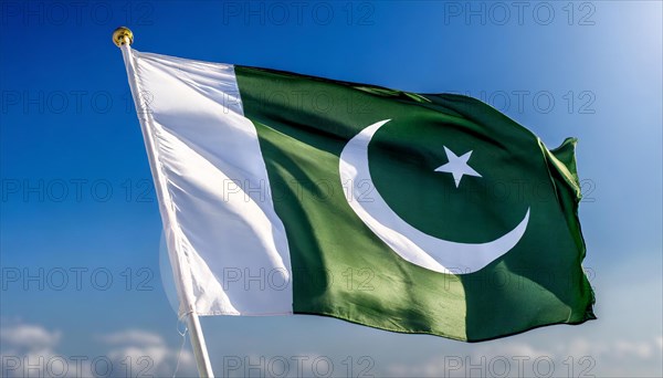 The flag of Pakistan flutters in the wind, isolated against a blue sky