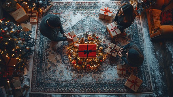 Top view of a family gathering around Christmas presents by the fire, AI generated