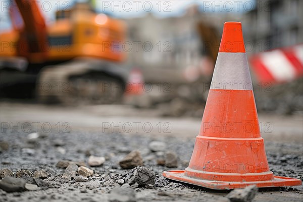 Orange traffic cone in street. KI generiert, generiert, AI generated