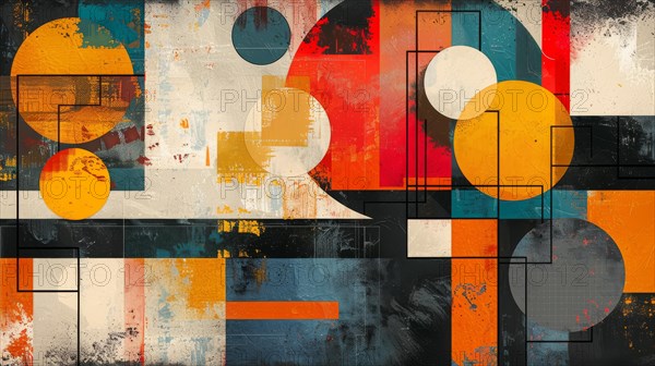 Modern abstract geometric painting with grunge textures, featuring circles and rectangles, ai generated, AI generated
