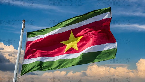 The flag of Suriname, fluttering in the wind, isolated, against the blue sky