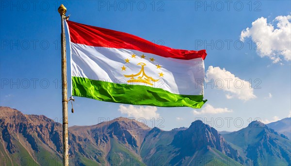 The flag of Tajikistan, fluttering in the wind, isolated, against the blue sky