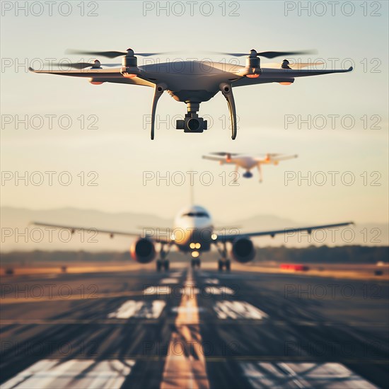 A drone flies in the foreground with an aircraft behind it on a runway in the evening light, drone, attack, AI generated