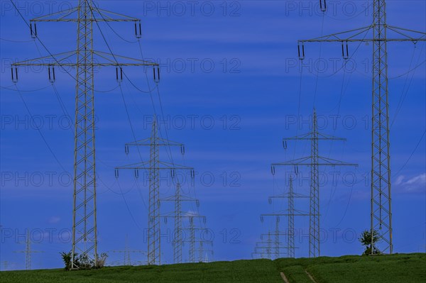 Power pylons with high-voltage lines at the Avacon substation in Helmstedt, Helmstedt, Lower Saxony, Germany, Europe