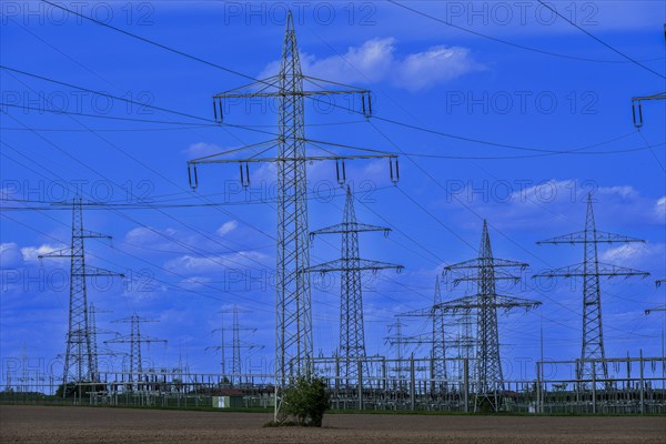 Power pylons with high-voltage lines at the Avacon substation in Helmstedt, Helmstedt, Lower Saxony, Germany, Europe