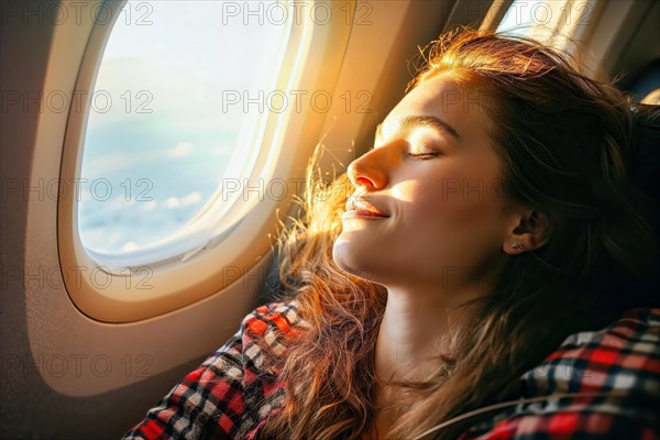 Person leans against the window in the aircraft, light falls on the face, peaceful atmosphere, AI generated, AI generated