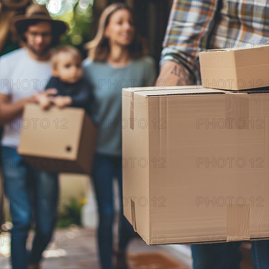 A family laughs as they carry apartment relocation boxes into the house, apartment relocation, apartment relocation, housing shortage, AI generated
