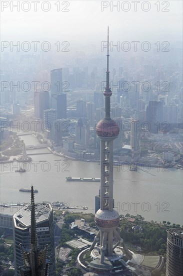 View from the 632 metre high Shanghai Tower, nicknamed The Twist, Shanghai, People's Republic of China, Breathtaking view of a cityscape with an iconic tower, Shanghai, China, Asia