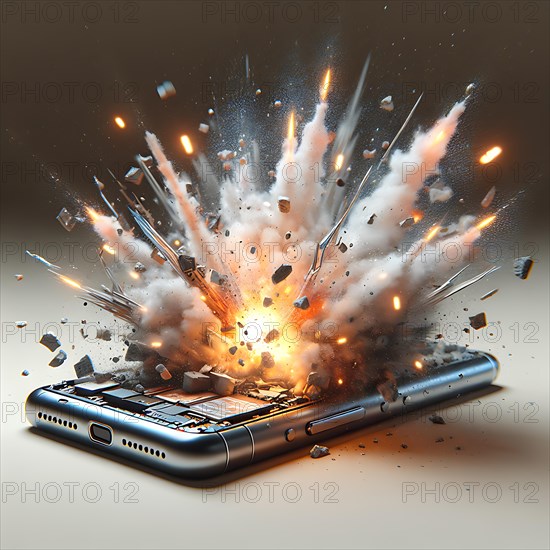 Smartphone explodes with a violent fire and smoke development, mobile phone smartphone battery explosion, AI generated