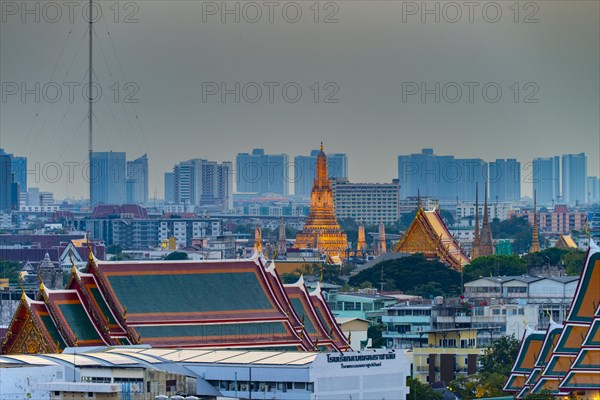 Panorama from Golden Mount to the illuminated Wat Ratchabophit, Wat Rachapradit, Wat Pho and Wat Arun, Bangkok, Thailand, Asia