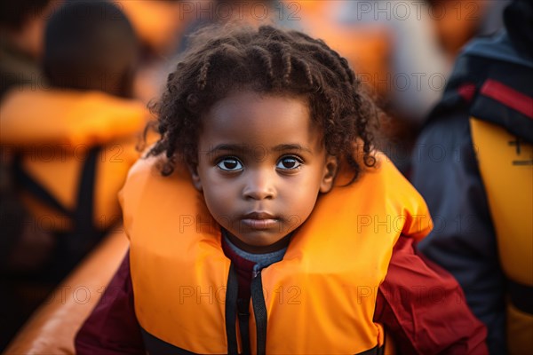 Young black refugee child with orange swimming fest crossing ocean in boat. KI generiert, generiert, AI generated