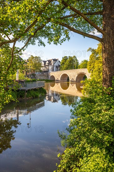 View of an old town, half-timbered houses in a town. Streets and bridges at the river Lahn in the morning in Wetzlar, Hesse Germany