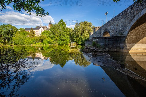 View of an old town, half-timbered houses in a town. Streets and bridges at the river Lahn in the morning in Wetzlar, Hesse Germany