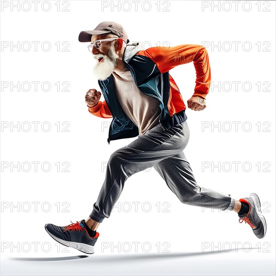 Active older man running dynamically in orange and black running clothes, full of joie de vivre, start running, start, advertising, special offer, AI generated