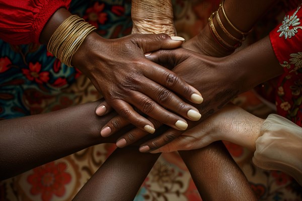 Top view of woman's hands of different ethnics and ages, KI generiert, generiert, AI generated