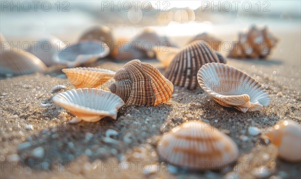 Close-up of seashells scattered along the sandy shore AI generated
