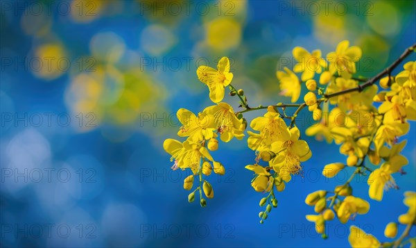 Laburnum flowers with their vibrant color contrasting against a blue sky AI generated