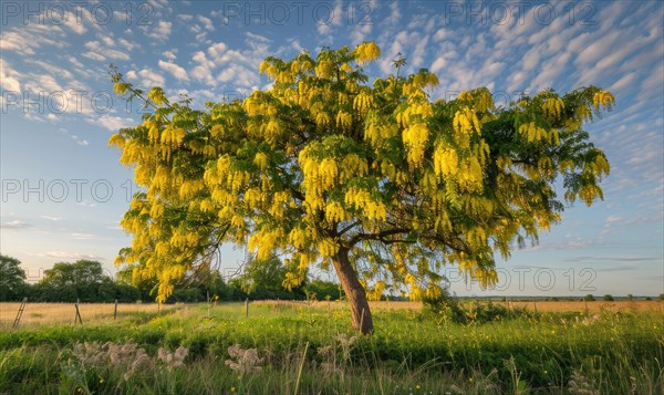 Laburnum tree in a countryside landscape AI generated