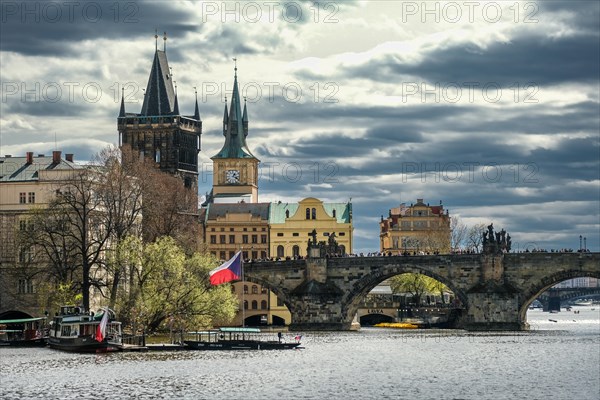 Sightseeing, boat trip, statues, church, flag, Charles Bridge Prague, Prague, Czech Republic, Europe