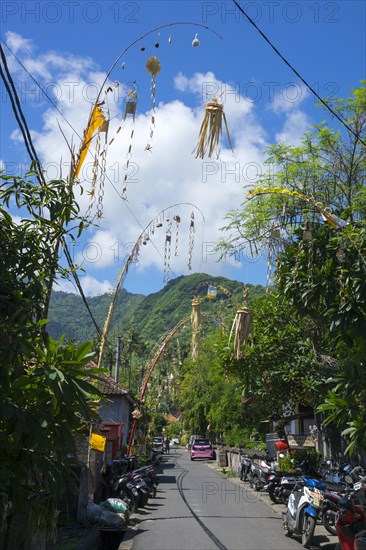 Ornate jewellery woven from palm leaves on bamboo poles, on a village street in Amed, Karangasem, north-east Bali, Indonesia, Asia