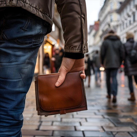 A man secretly pulls a wallet out of someone's pocket on the street in a city, AI generated