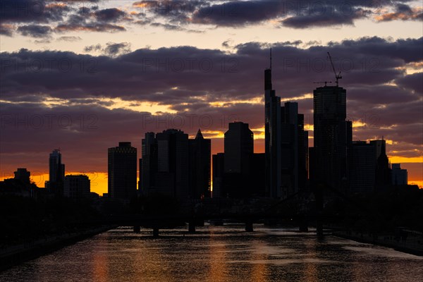 Clouds pass over the Frankfurt bank skyline in the evening after sunset, Frankfurt am Main, Hesse, Germany, Europe