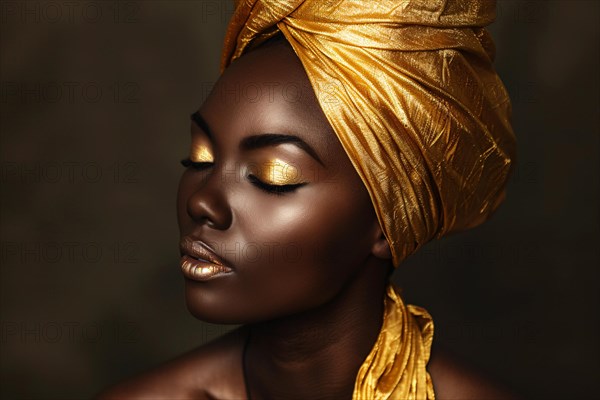 Beautiful black african american woman with golden turban. KI generiert, generiert, AI generated