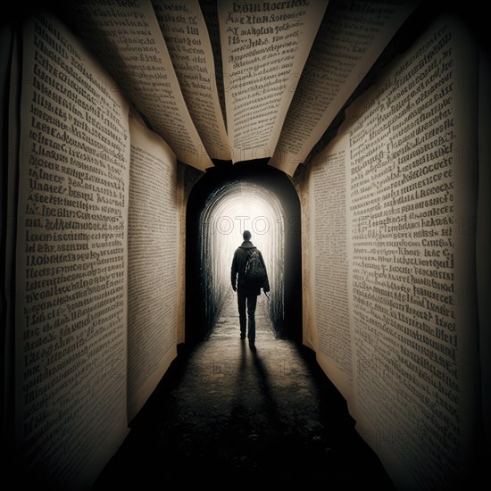 Silhouette of a person walking towards light through an inspiring tunnel shaped by oversized book pages, AI generated