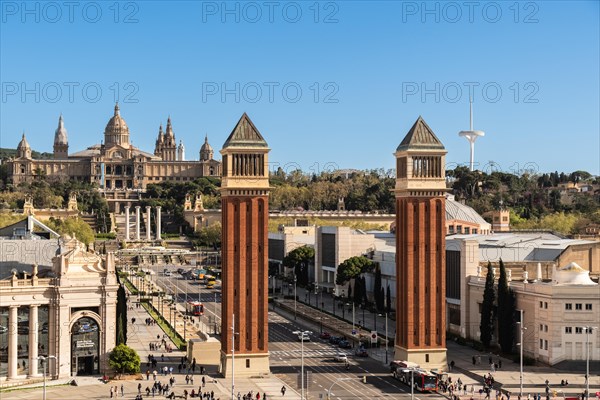 The Venetian Towers, Torres Venecianes or Venetian Towers, in the background the Museu Nacional d'Art de Catalunya, Barcelona, Spain, Europe