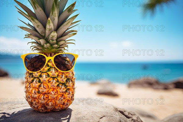 Funny pineapple fruit with sunglasses on tropical beach in summer. KI generiert, generiert, AI generated
