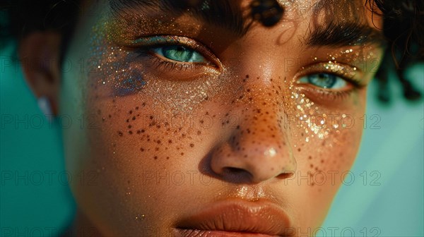Close-up portrait of non binary person with sparkling glitter on skin and striking blue eyes against a teal backdrop, skin with frekles, blurry teal turquoise solid background, beauty product studio lightning, fashion artsy make up, high concept potraiture, AI generated