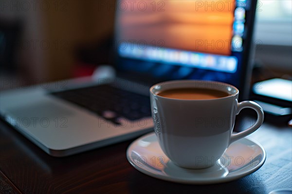 Cup of coffee on table next to laptop. KI generiert, generiert, AI generated