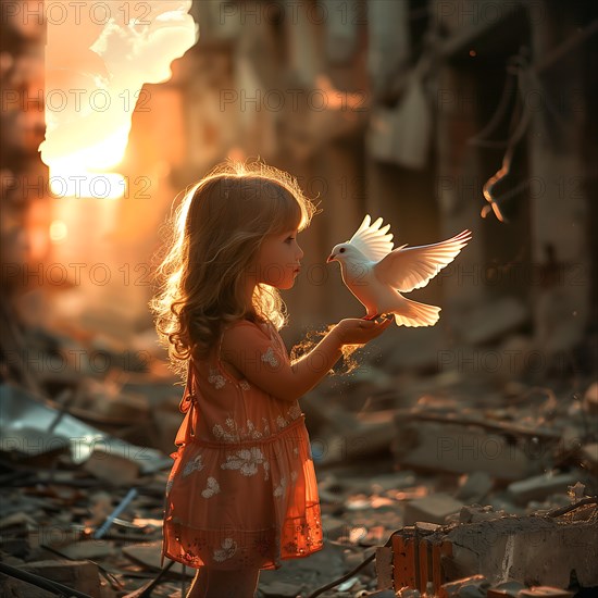 A girl in an orange dress holds a dove in front of a backdrop of ruins in the light of the setting sun, destroyed houses, war, dove of peace, AI generated