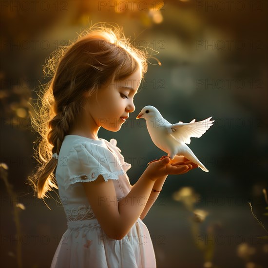 A girl gently holds a dove in the light of the sunset in nature, Destroyed houses, War, Dove of peace, AI generated