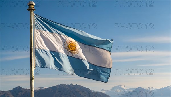 The flag of Argentina flutters in the wind, isolated against a blue sky