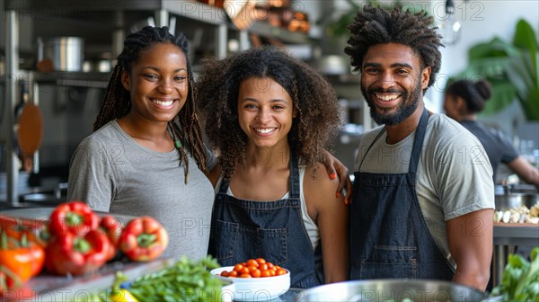 Team of chefs with African descent smiling together in a professional restaurant kitchen, AI generated
